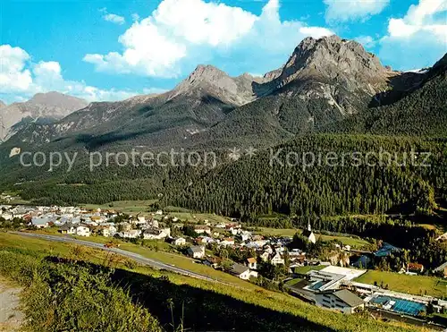 AK / Ansichtskarte Scuol_Tarasp_Vulpera Panorama mit Sportanlagen Piz Ajuez und Lischana Alpen Scuol_Tarasp_Vulpera
