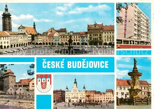 AK / Ansichtskarte Ceske_Budejovice Marktplatz Brunnen Schwarzer Turm Rathaus Hochhaus Wohnblock Ceske Budejovice