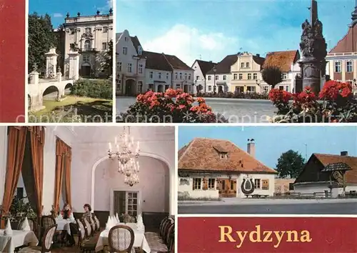AK / Ansichtskarte Rydzyna Burg Burggraben Marktplatz Barockbauten Denkmal Esszimmer Schmiede 17. Jhdt. Brunnen 