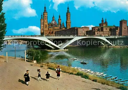 AK / Ansichtskarte Zaragoza_Saragossa_Espana Rio Ebro Puente de Santiago y Basilica de El Pilar 
