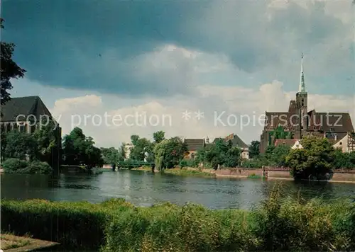 AK / Ansichtskarte Wroclaw Ostrow Tumski Gotycki kosciol Blick ueber den Fluss zur Kirche Wroclaw