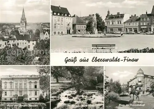 AK / Ansichtskarte Finow_Eberswalde Kirche Platz der Freundschaft Denkmal Haus der Jungen Pioniere Ammonpark Finow Eberswalde