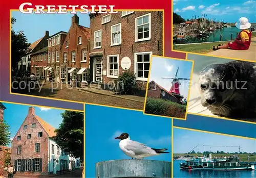 AK / Ansichtskarte Greetsiel Ortsansichten Windmuehle Hafen Kind Seehund Moewe Ausflugsdampfer Greetsiel