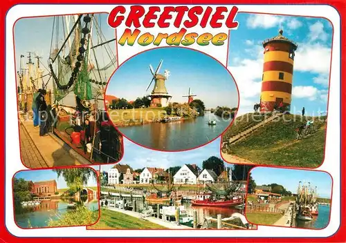 AK / Ansichtskarte Greetsiel Fischerhafen Fischkutter Windmuehle Leuchtturm Greetsiel
