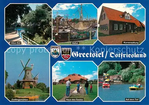 AK / Ansichtskarte Greetsiel Altes Siel Hafen Kurverwaltung Zwillingsmuehlen Haus des Gastes Auf dem Tief Greetsiel