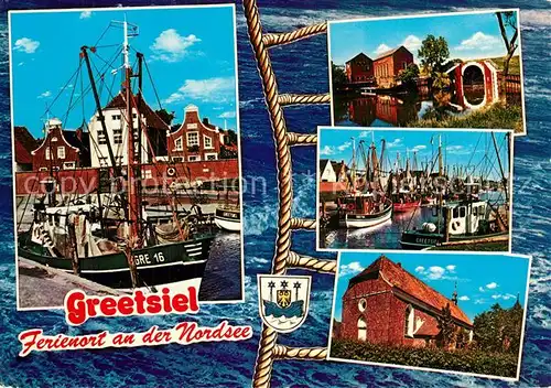 AK / Ansichtskarte Greetsiel Fischkutter Hafen Kirche Greetsiel