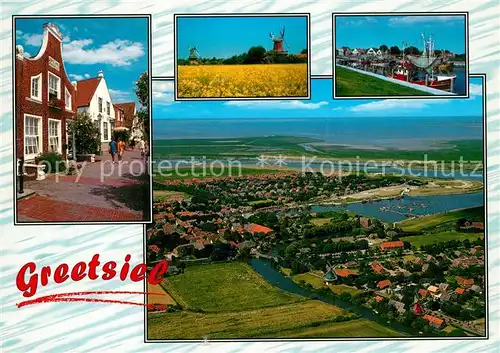 AK / Ansichtskarte Greetsiel Dorfpartie Windmuehle Fischkutter Hafen Erholungsort Nordsee Fliegeraufnahme Greetsiel