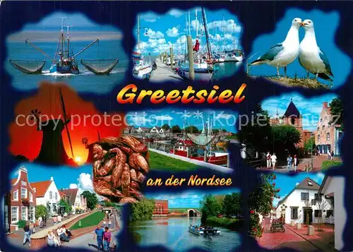 AK / Ansichtskarte Greetsiel Erholungsort Nordseekueste Fischkutter Hafen Moewen Dorfmotive Windmuehle Greetsiel