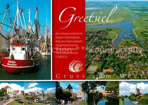 AK / Ansichtskarte Greetsiel Erholungsort Nordseekueste Fliegeraufnahme Fischkutter Hafen Windmuehle Dorfmotive Greetsiel