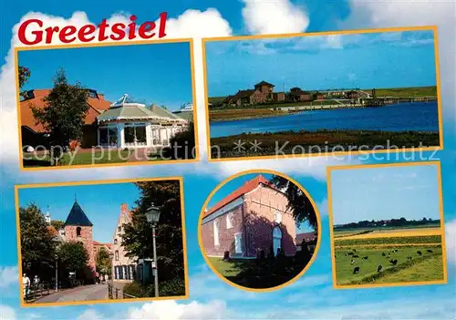 AK / Ansichtskarte Greetsiel Erholungsort Nordseekueste Dorfmotive Kirche Weideland Landschaftspanorama Greetsiel