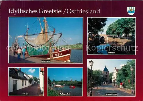 AK / Ansichtskarte Greetsiel Kutterhafen Altes Siel Dorfmotiv Kirche Auf dem Tief Greetsiel