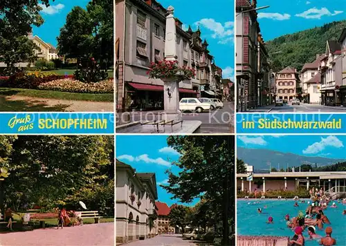 AK / Ansichtskarte Schopfheim Innenstadt Brunnen Parkanlagen Freibad Schopfheim