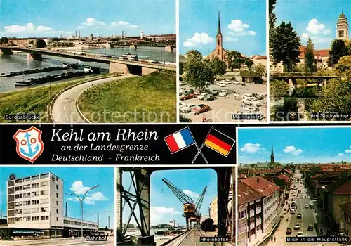 AK / Ansichtskarte Kehl_Rhein Landesgrenze Deutschland Frankreich Europabruecke Marktplatz Stadtweiher Kirche Bahnhof Rheinhafen Hauptstrasse Kehl_Rhein