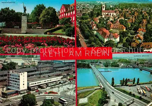 AK / Ansichtskarte Kehl_Rhein Rosengarten Denkmal Stadtpanorama Hauptbahnhof Europabruecke Kehl_Rhein