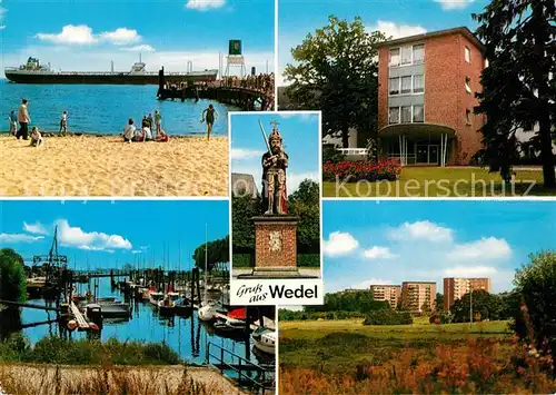 AK / Ansichtskarte Wedel_Pinneberg Wohnsiedlung Hochhaeuser Roland Statue Schulauer Faehrhaus Willkommhoeft Hafen Hochseeschiff Wedel Pinneberg