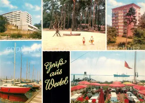 AK / Ansichtskarte Wedel_Pinneberg Graf Luckner Haus Strand Wohnblock Yachthafen Schulauer Faehrhaus Willkommhoeft Restaurant Terrasse Wedel Pinneberg