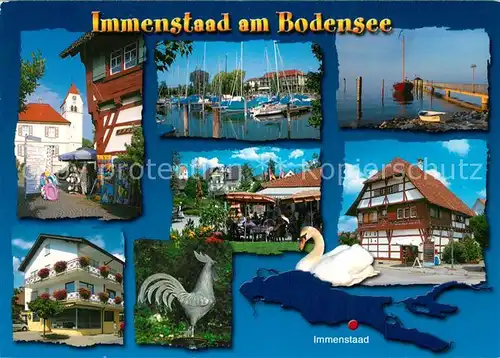 AK / Ansichtskarte Immenstaad_Bodensee Ortsmitte Kirche Gaestehaus Hahn Cafe Yachthafen Bootssteg Schwoererhaus Historisches Gebaeude Schwan Immenstaad_Bodensee