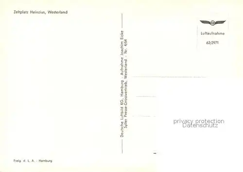 AK / Ansichtskarte Westerland_Sylt Zeltplatz Heinzius Nordseeheilbad Fliegeraufnahme Westerland_Sylt