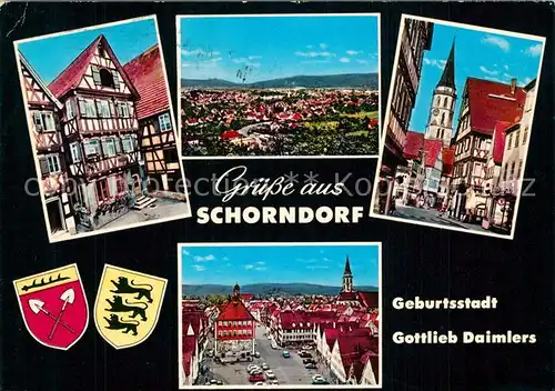 AK / Ansichtskarte Schorndorf_Wuerttemberg Geburtsstadt Gottlieb Daimlers Altstadt Fachwerkhaeuser Kirche Panorama Wappen Schorndorf Wuerttemberg