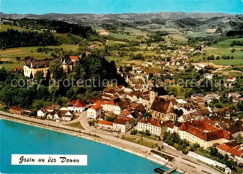 AK / Ansichtskarte Grein_Donau_Oberoesterreich Fliegeraufnahme mit Greinburg im Strudengau  Grein_Donau