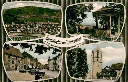 AK / Ansichtskarte Schopfheim Panorama Hauptstrasse Innenstadt Kirche Pavillon Statue Schopfheim