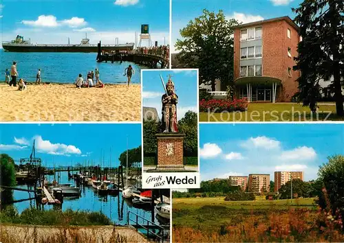 AK / Ansichtskarte Wedel_Pinneberg Strand Hochseedampfer Bootsanleger Hafen Roland Statue Wohnsiedlung Hochhaeuser Wedel Pinneberg