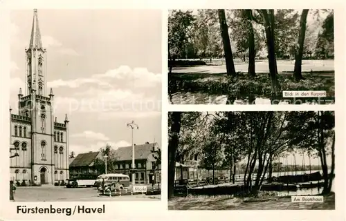 AK / Ansichtskarte Fuerstenberg_Havel Markt Kirche Kurpark Bootshaus Fuerstenberg_Havel