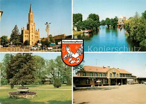 AK / Ansichtskarte Fuerstenberg_Havel Kirche Umgebung Stadtpark Bahnhof Wappen Fuerstenberg_Havel