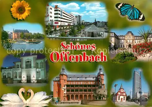 AK / Ansichtskarte Offenbach_Main Isenburger Schloss Stadtansichten Museum Schwaene Schmetterling Blumen Offenbach Main