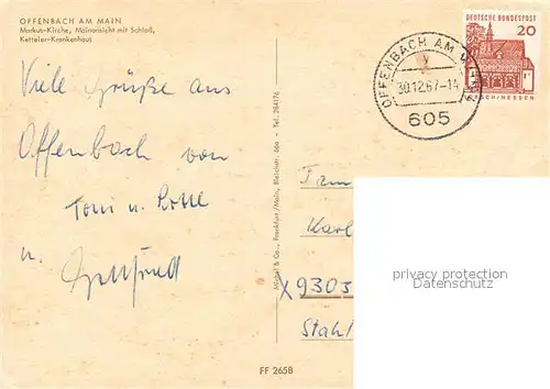 AK / Ansichtskarte Offenbach_Main Markuskirche Mainansicht mit Schloss Ketteler Krankenhaus Offenbach Main