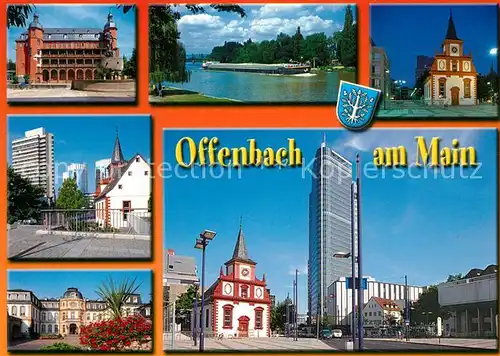 AK / Ansichtskarte Offenbach_Main Schloss Partie am Main Binnenschifffahrt Kirche Innenstadt Hochhaus Architektur Offenbach Main