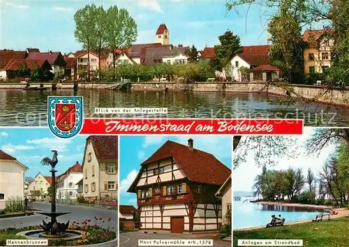 AK / Ansichtskarte Immenstaad_Bodensee Blick von der Anlegestelle Hennenbrunnen Haus Pulvermuehle 16. Jhdt. Anlagen am Strandbad Immenstaad_Bodensee