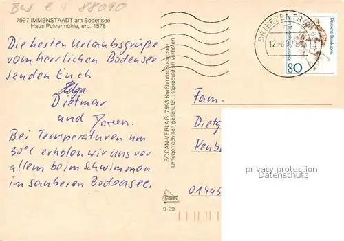 AK / Ansichtskarte Immenstaad_Bodensee Haus Pulvermuehle 16. Jhdt. Fachwerkhaus Historisches Gebaeude Kirchturm Immenstaad_Bodensee