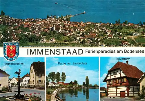 AK / Ansichtskarte Immenstaad_Bodensee Fliegeraufnahme Hennenbrunnen Partie am Landeplatz Pulverturm Fachwerkhaus Immenstaad_Bodensee