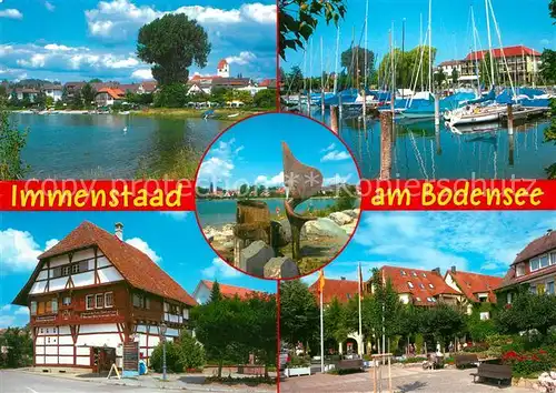 AK / Ansichtskarte Immenstaad_Bodensee Uferpartie am See Yachthafen Fachwerkhaus Innenstadt Platz Skulptur Immenstaad_Bodensee