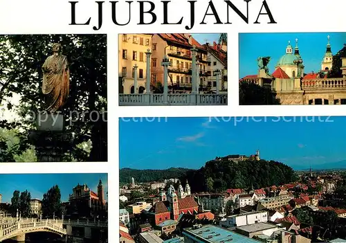 AK / Ansichtskarte Ljubljana_Laibach Statue Denkmal Innenstadt Bruecke Stadtpanorama Schloss 