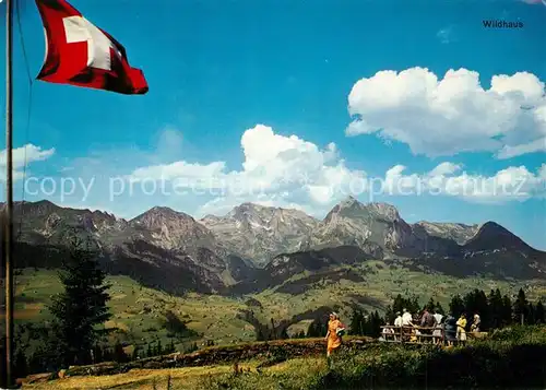 AK / Ansichtskarte Wildhaus_SG Landschaftspanorama mit Sellamat Saentis Schafberg Appenzeller Alpen Schweizer Flagge Wildhaus SG