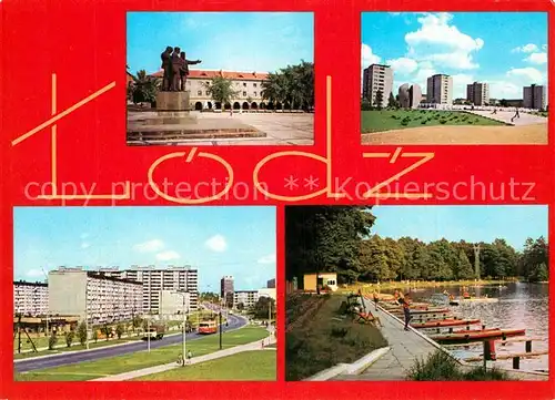 AK / Ansichtskarte Lodz Denkmal Marktplatz Wohnsiedlung Hochhaeuser Kanus Ferienanlage Lodz