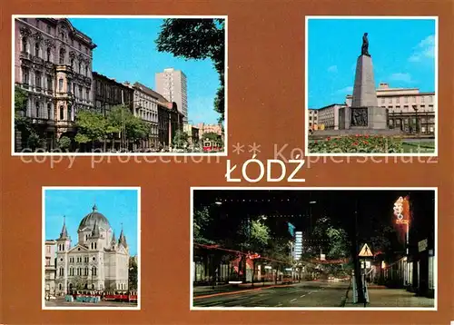 AK / Ansichtskarte Lodz Innenstadt Denkmal Strassenpartie bei Nacht Lodz