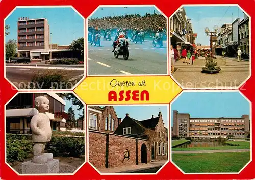 AK / Ansichtskarte Assen Hotel Motorradrennen Fussgaengerzone Statue Alte Haeuser Assen