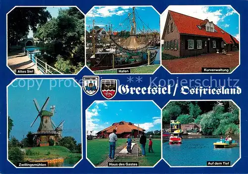 AK / Ansichtskarte Greetsiel Altes Siel Hafen Kurverwaltung Zwillingsmuehlen Haus des Gastes Auf dem Tief Greetsiel