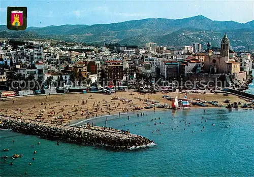 AK / Ansichtskarte Sitges Playa de Iglesia Fliegeraufnahme Sitges