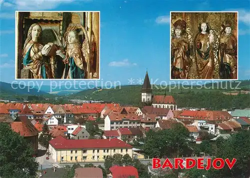 Bardejov Plastiky z kostola sv. Egidia Muzeum Skulpturen Ansicht mit Kirche Bardejov