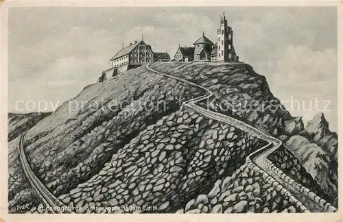 AK / Ansichtskarte Schneekoppe_Snezka Zickzack Weg Dt und tschech Baude St Laurentius Kapelle Observatorium Schneekoppe Snezka