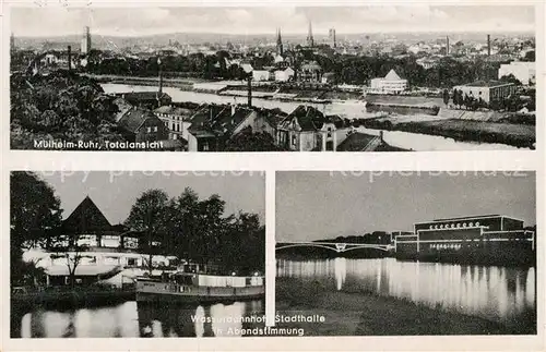 AK / Ansichtskarte Muelheim_Ruhr Wasserbahnhof Stadthalle Abendstimmung Muelheim Ruhr
