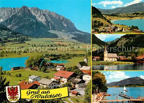 AK / Ansichtskarte Walchsee_Tirol Panorama mit Kaisergebirge Kirche Badestrand Steg Walchsee Tirol