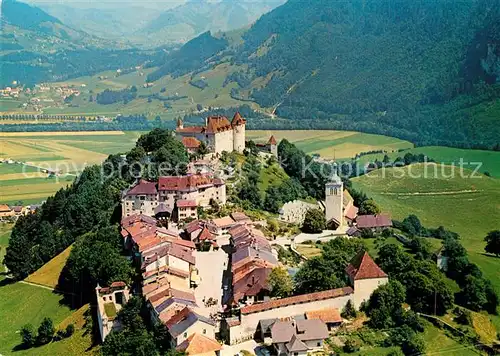 AK / Ansichtskarte Gruyeres_FR Schloss Fliegeraufnahme Gruyeres FR