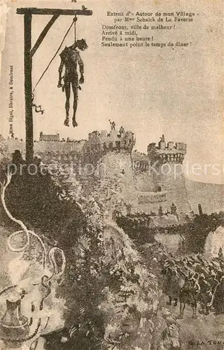 AK / Ansichtskarte Domfront_Orne Extrait d Autour de mon Village par Mme Schalck de La Faverie Galgen Burg Kuenstlerkarte Domfront Orne