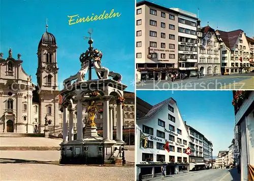 Einsiedeln_SZ Kloster und Marienbrunnen Dorfpartie mit Rathaus Zunfthaus Baeren Einsiedeln SZ