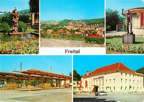 Freital Storchenbrunnen Teilansicht Stahlwerkerdenkmal Busbahnhof Klubhaus der Edelstahlwerker Freital